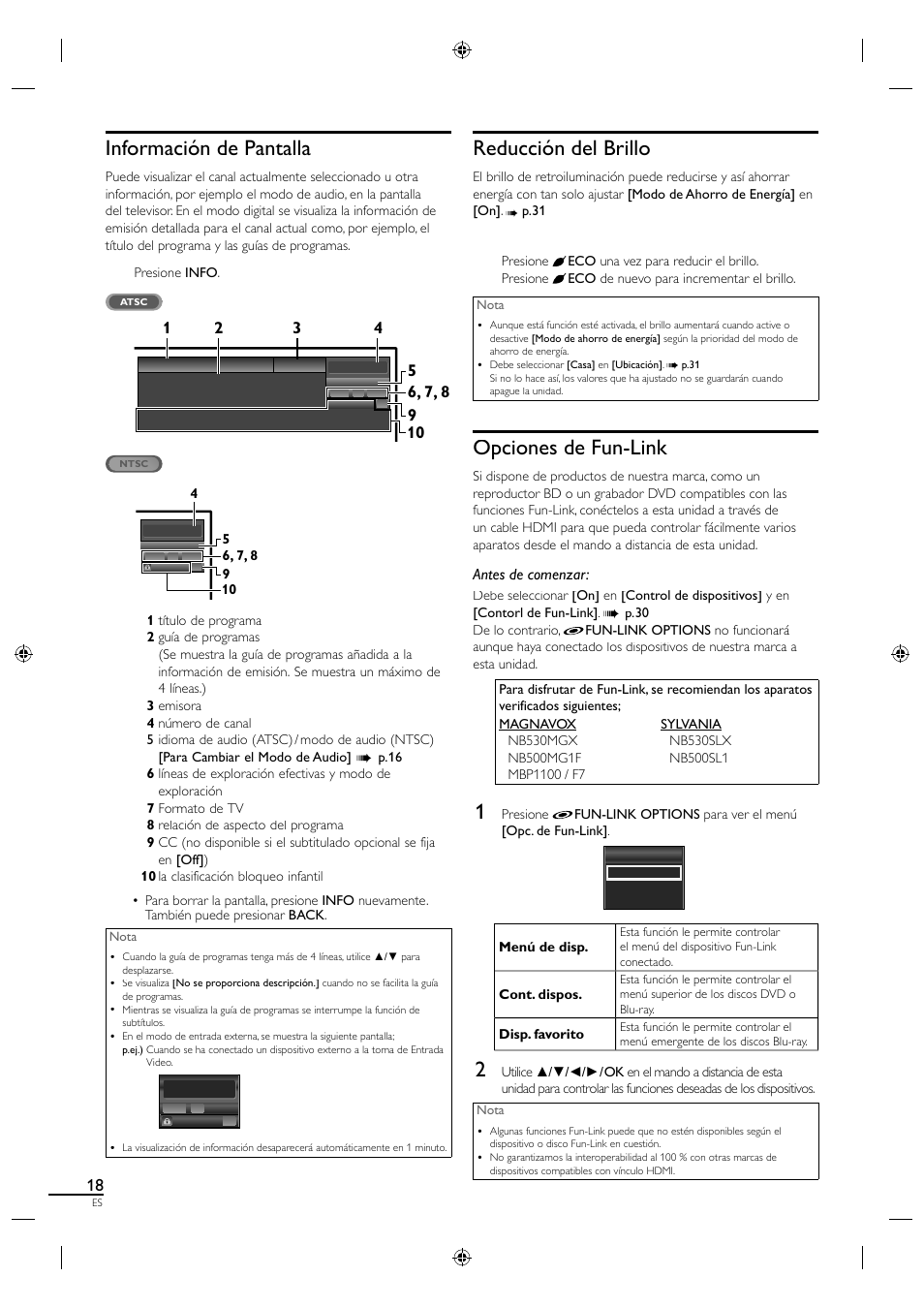 Información de pantalla, Reducción del brillo, Opciones de fun-link | Antes de comenzar | Sylvania A0171_N1UH User Manual | Page 100 / 120