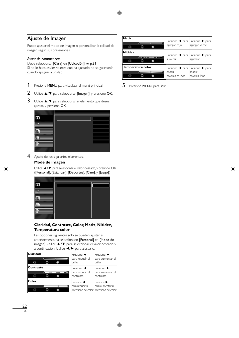 Ajuste de imagen, Avant de commencer, Mode de imagen | Temperatura color, Presione menu para visualizar el menú principal, Ajuste de los siguientes elementos, Presione menu para salir | Sylvania A0171_N1UH User Manual | Page 104 / 120