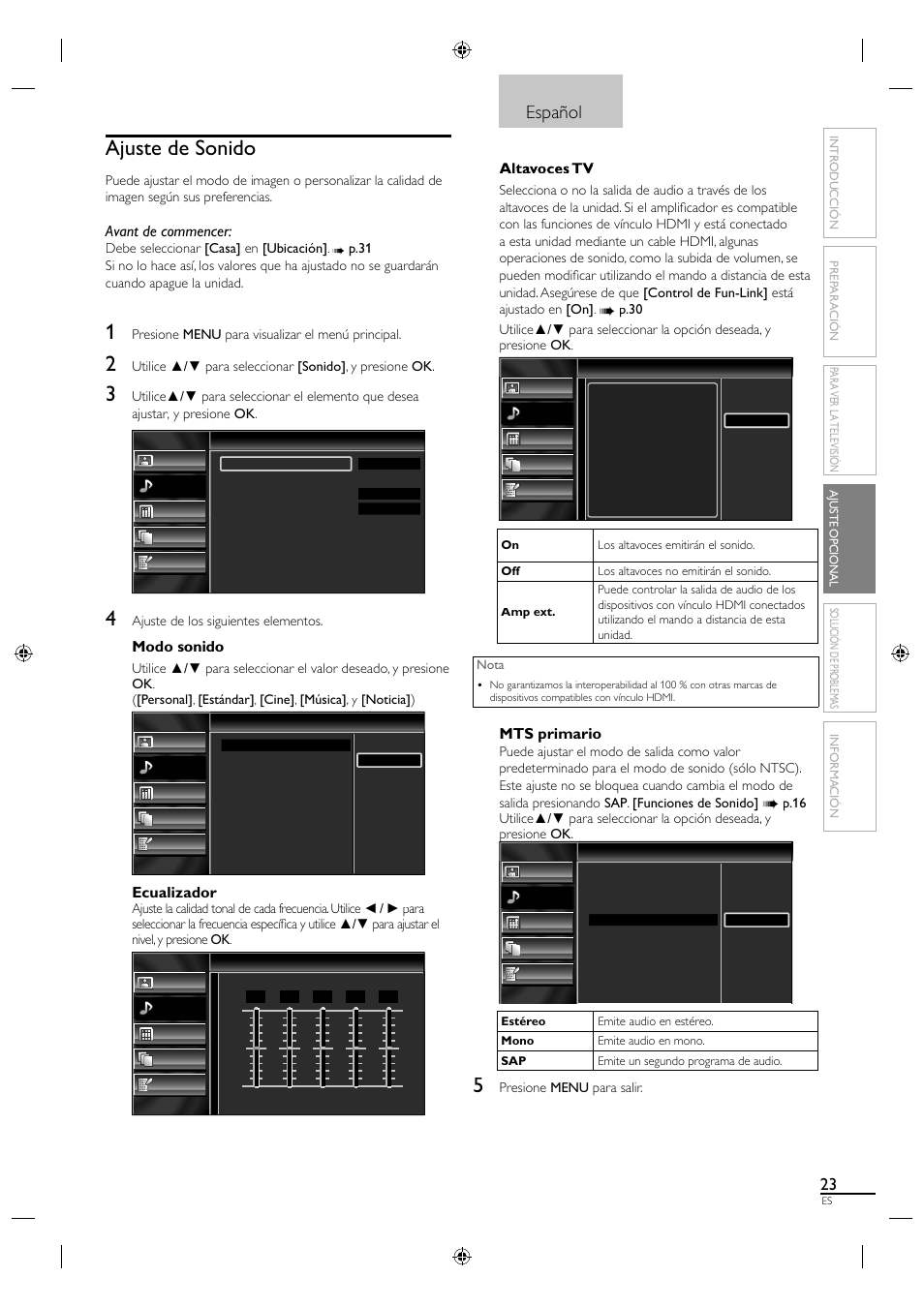 Ajuste de sonido, Español, Avant de commencer | Modo sonido, Ecualizador, Mts primario | Sylvania A0171_N1UH User Manual | Page 105 / 120