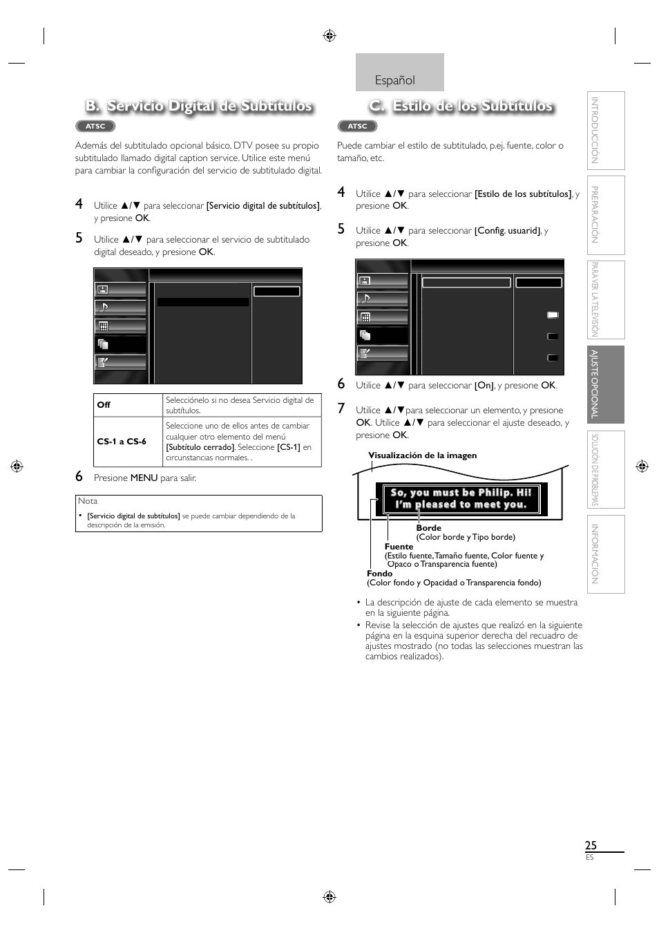 B. servicio digital de subtítulos, C. estilo de los subtítulos, Español | Sylvania A0171_N1UH User Manual | Page 107 / 120