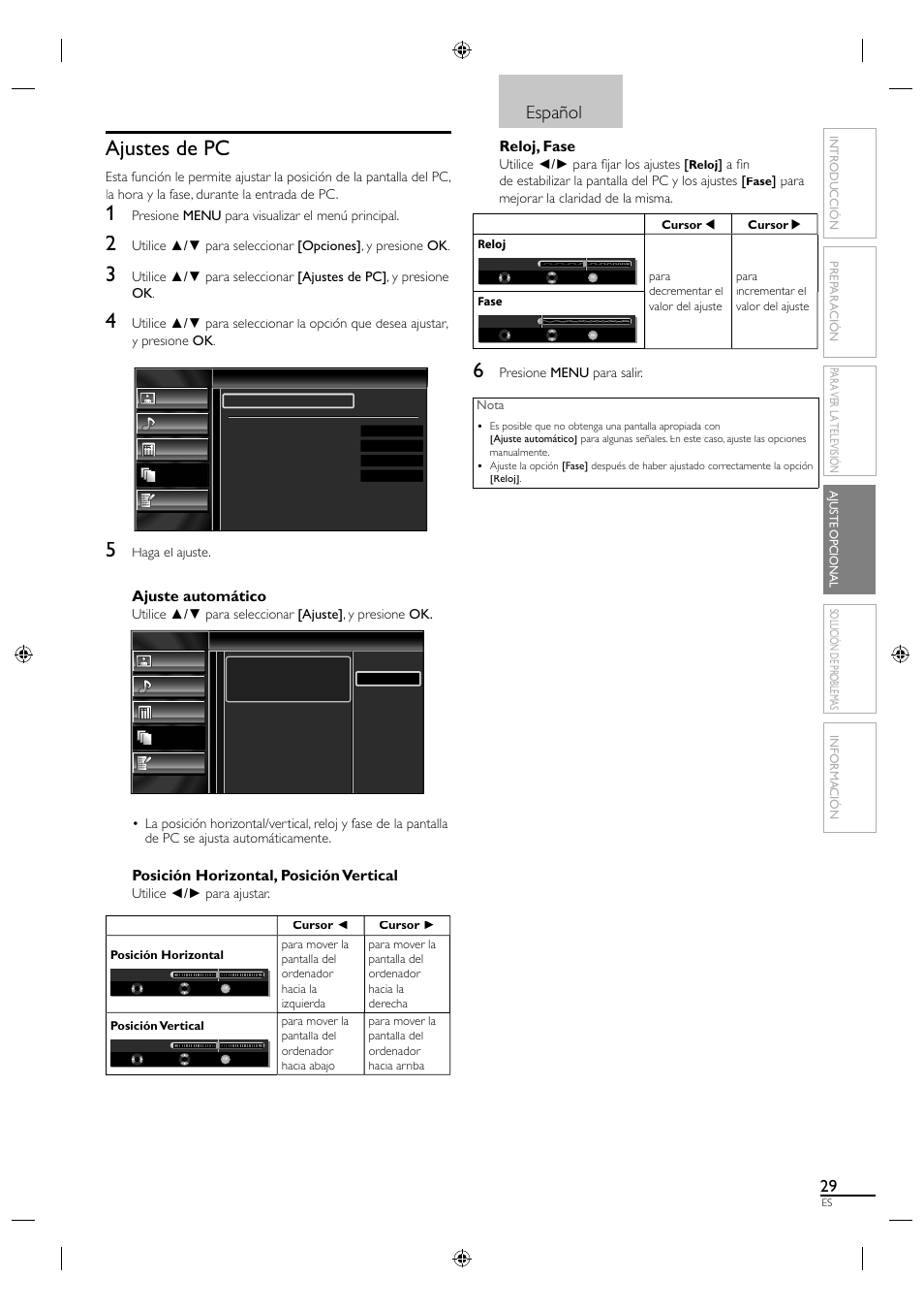 Ajustes de pc, Español, Ajuste automático | Posición horizontal, posición vertical, Reloj, fase | Sylvania A0171_N1UH User Manual | Page 111 / 120