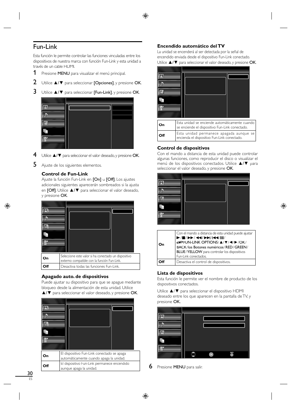 Fun-link, Control de fun-link, Apagado auto. de dispositivos | Encendido automático del tv, Control de dispositivos, Lista de dispositivos | Sylvania A0171_N1UH User Manual | Page 112 / 120