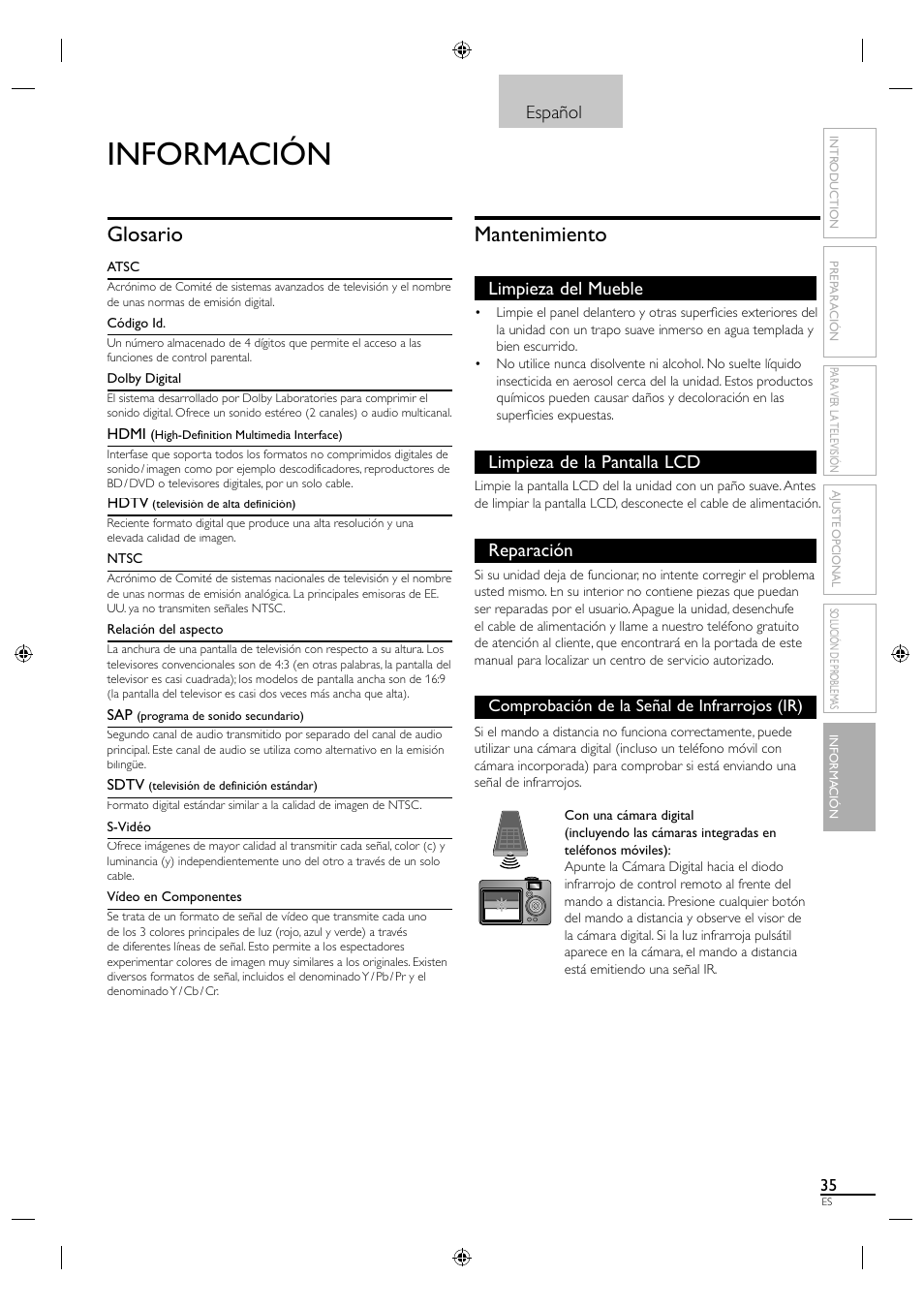 Información, Glosario, Mantenimiento | Español, Limpieza del mueble, Limpieza de la pantalla lcd, Reparación | Sylvania A0171_N1UH User Manual | Page 117 / 120