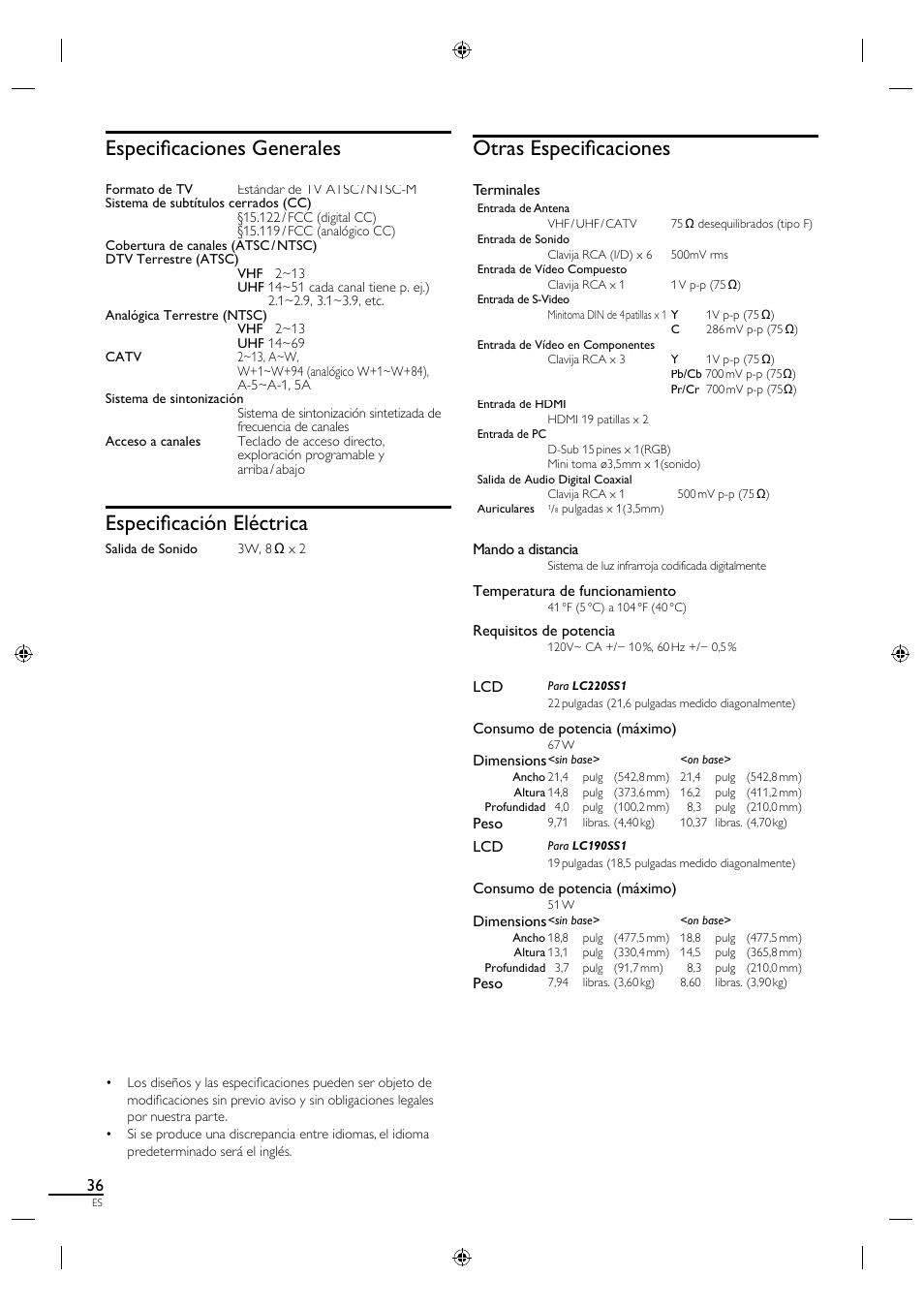 Especifi caciones generales, Especifi cación eléctrica, Otras especifi caciones | Sylvania A0171_N1UH User Manual | Page 118 / 120