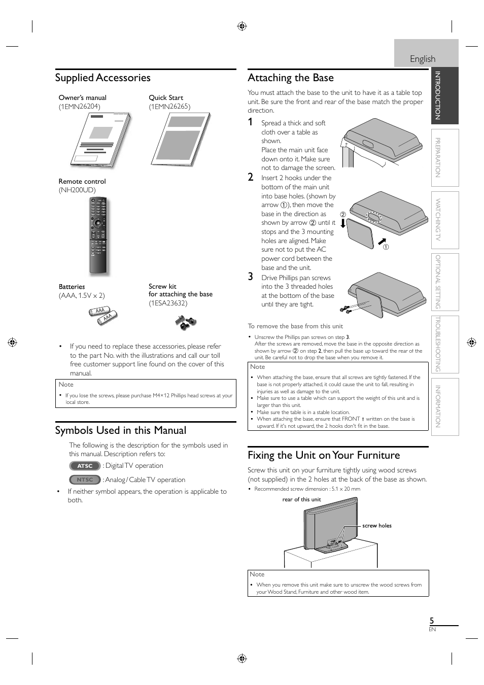 Supplied accessories, Symbols used in this manual, Attaching the base | Fixing the unit on your furniture, English | Sylvania A0171_N1UH User Manual | Page 13 / 120