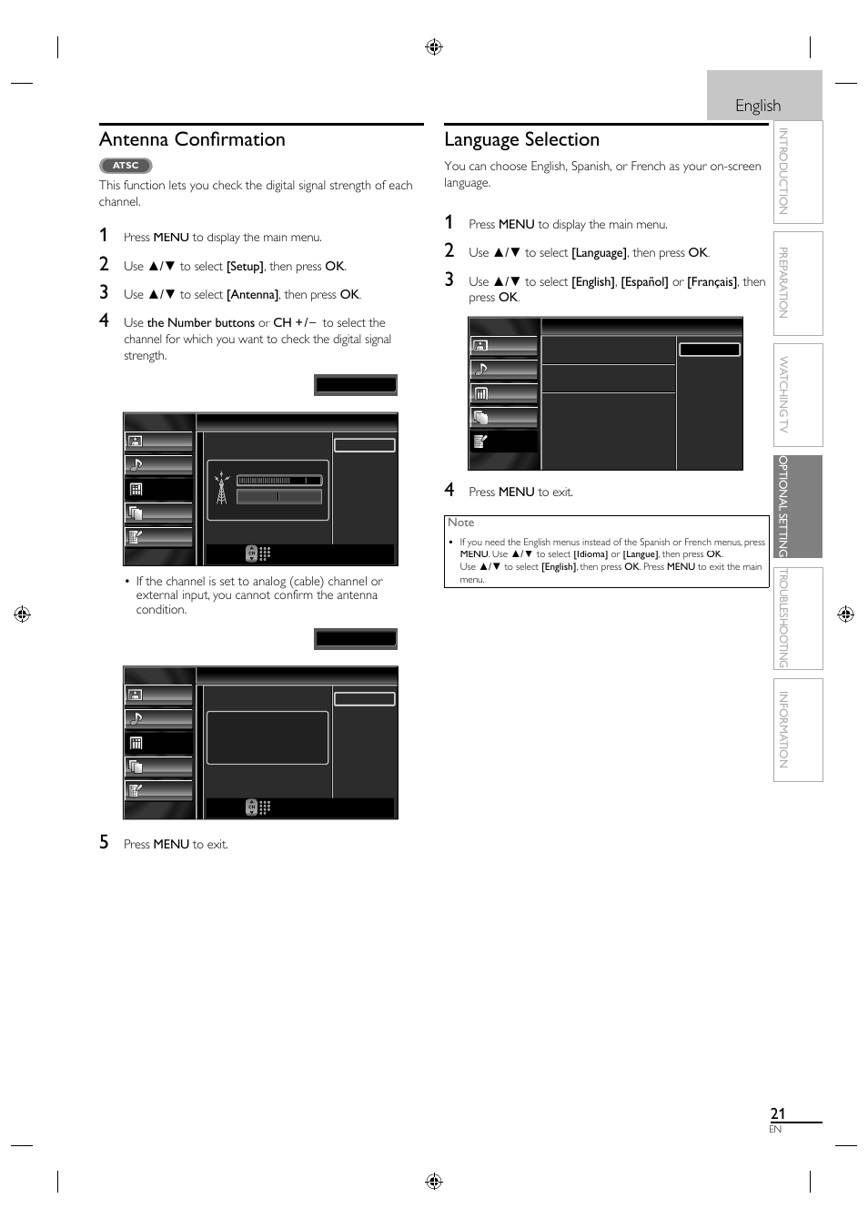 Antenna confi rmation, Language selection, English | Video | Sylvania A0171_N1UH User Manual | Page 29 / 120