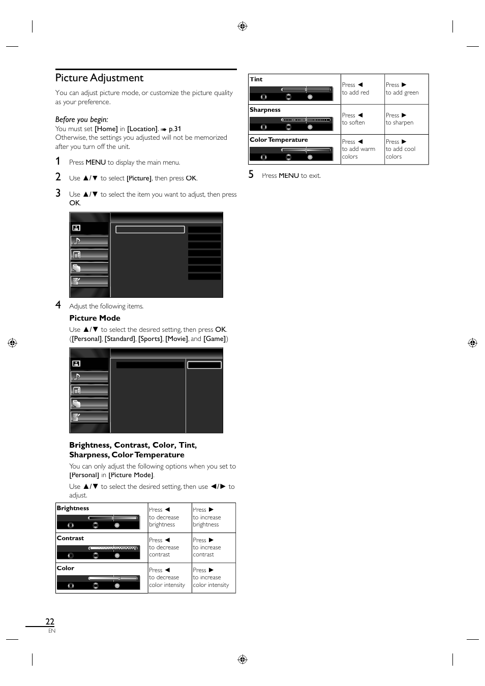 Picture adjustment, Before you begin, Picture mode | Sharpness, color temperature | Sylvania A0171_N1UH User Manual | Page 30 / 120