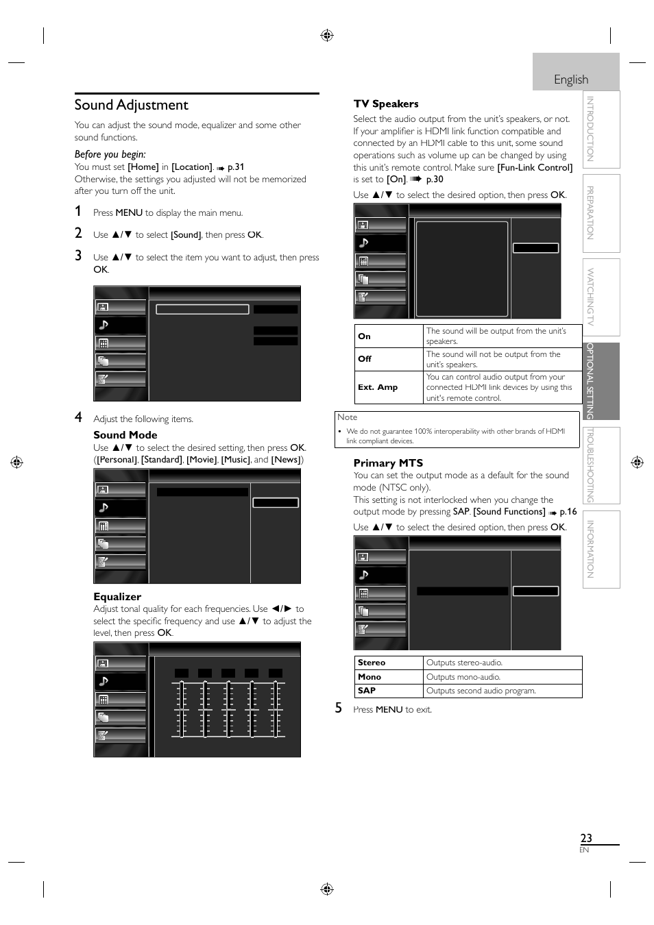 Sound adjustment, English, Before you begin | Sound mode, Equalizer, Primary mts | Sylvania A0171_N1UH User Manual | Page 31 / 120