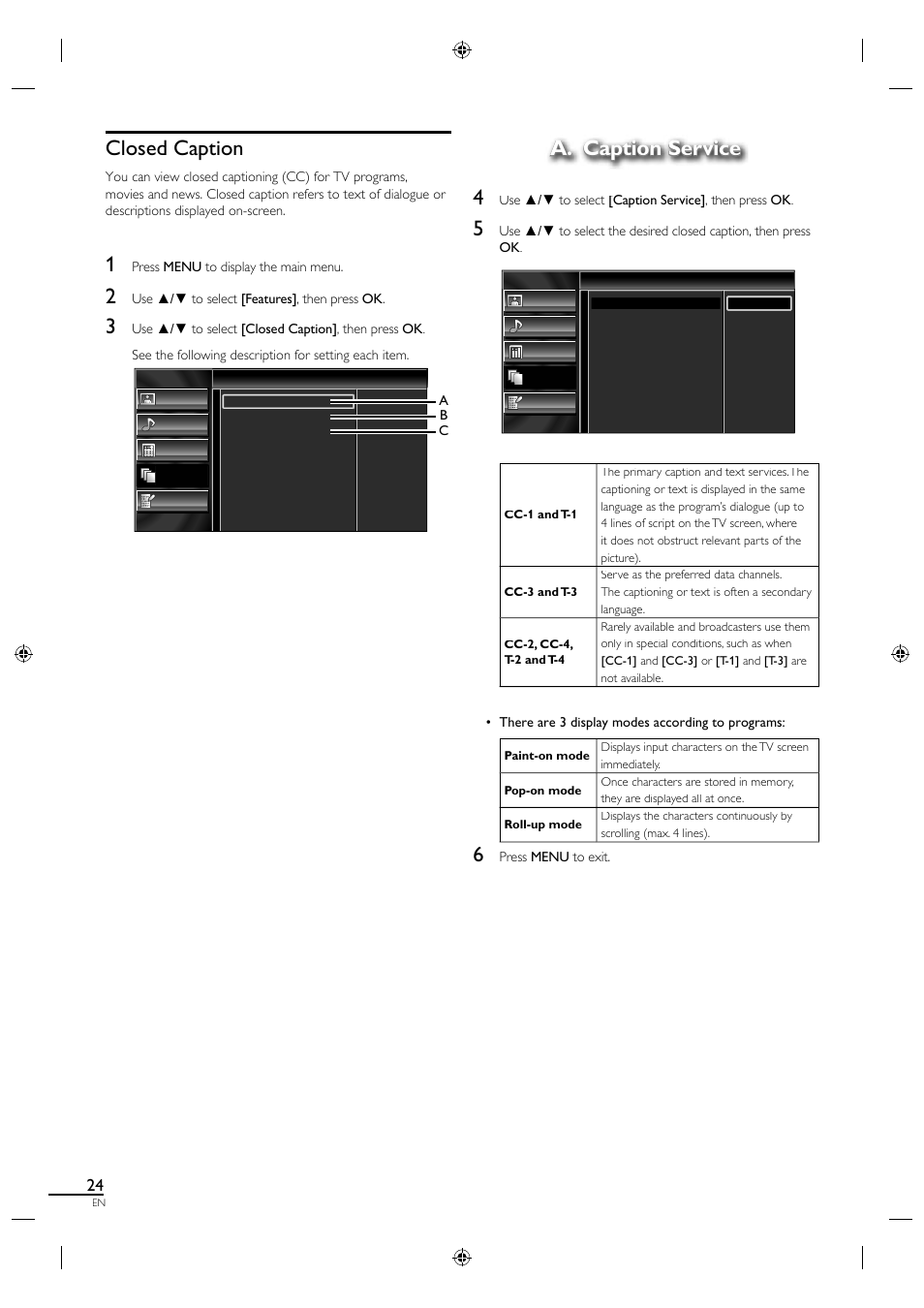 Closed caption, A. caption service, A. caption service 4 | Sylvania A0171_N1UH User Manual | Page 32 / 120