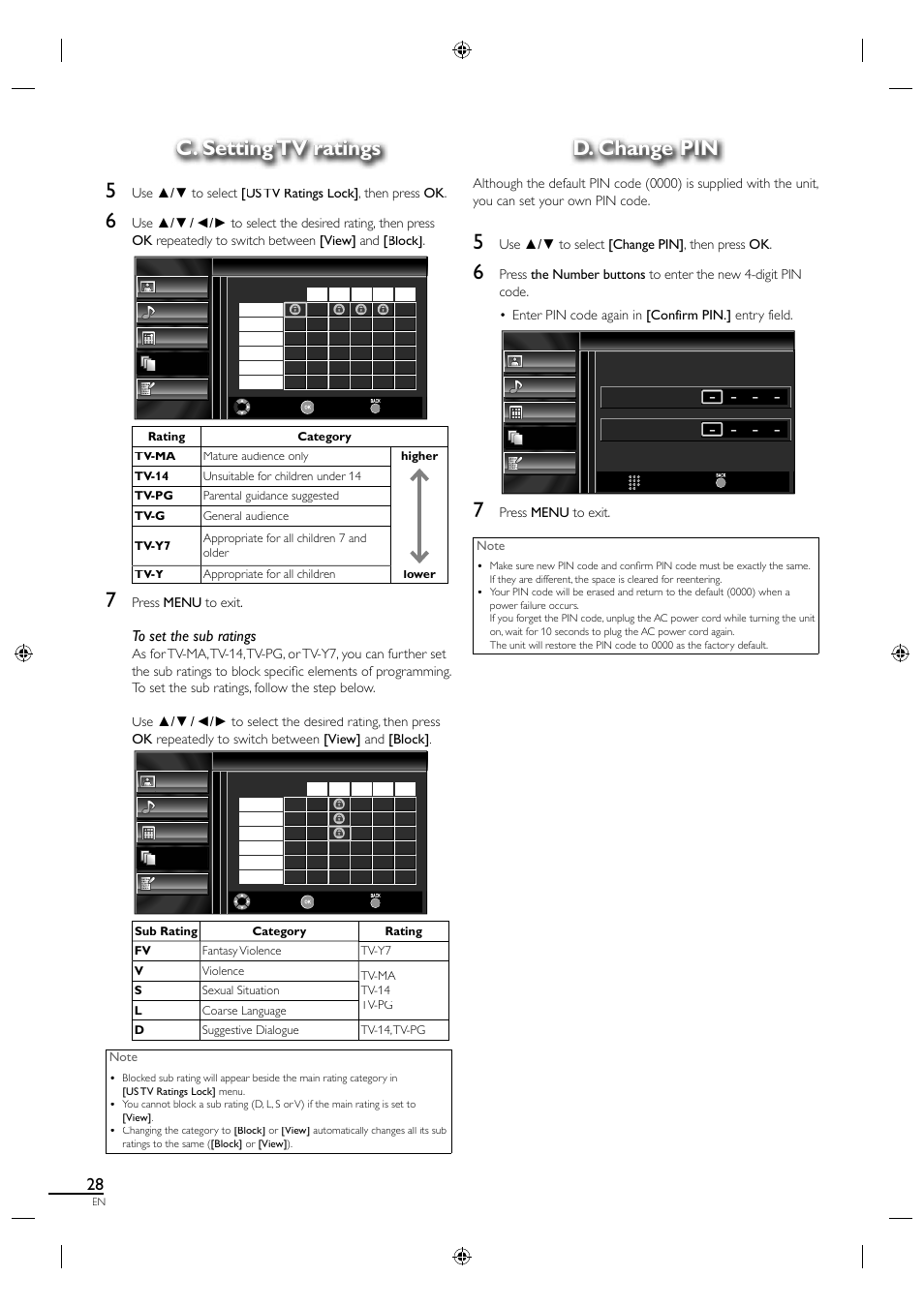 C. setting tv ratings, C. setting tv ratings 5, D. change pin | Sylvania A0171_N1UH User Manual | Page 36 / 120