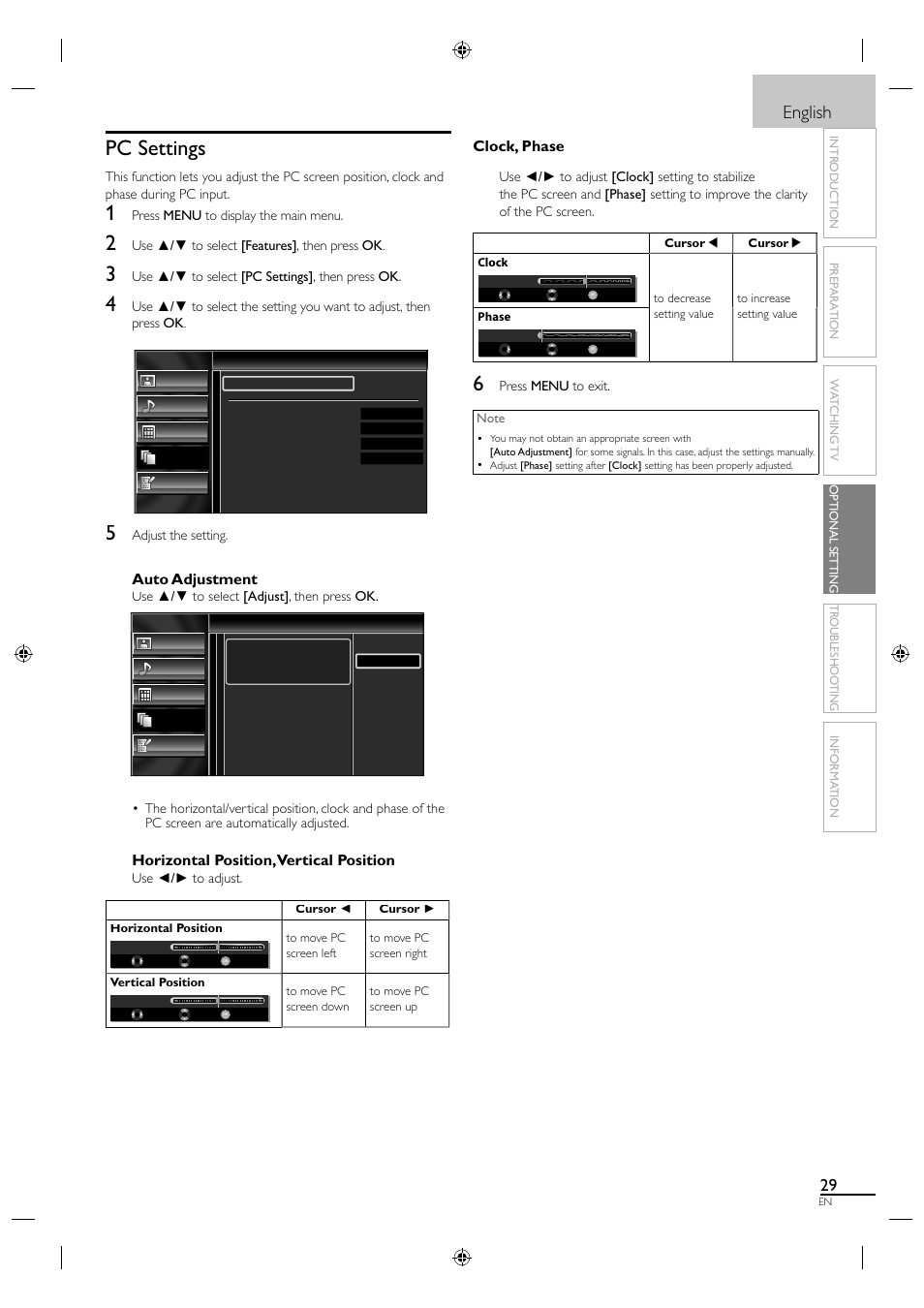 Pc settings, English, Auto adjustment | Horizontal position, vertical position, Clock, phase | Sylvania A0171_N1UH User Manual | Page 37 / 120