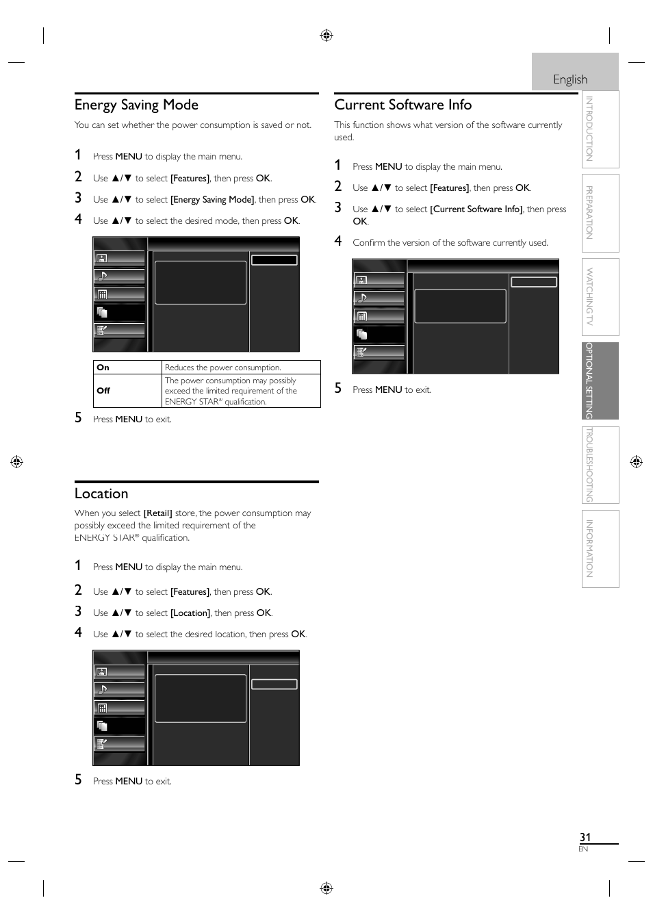 Energy saving mode, Location, Current software info | English | Sylvania A0171_N1UH User Manual | Page 39 / 120