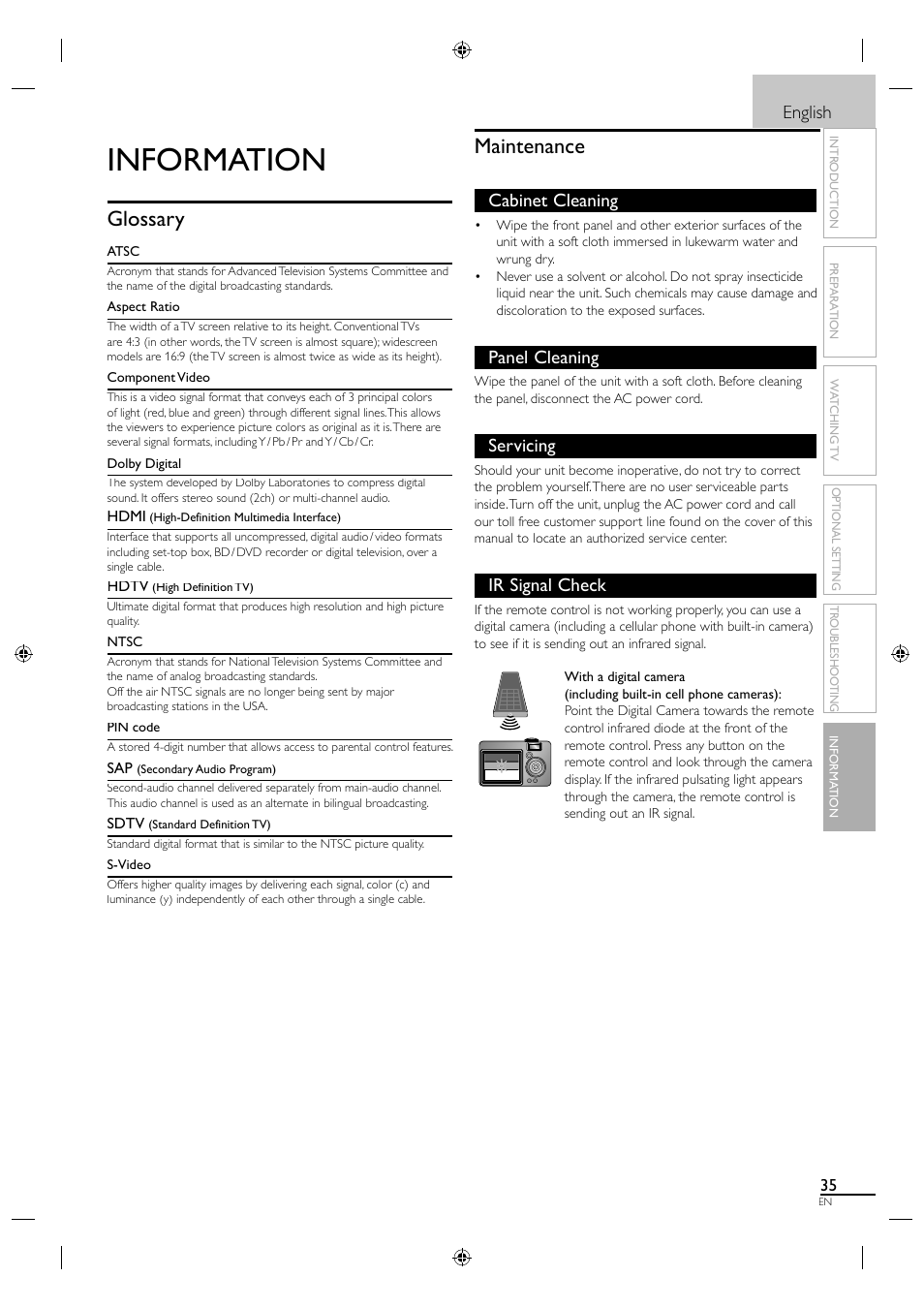 Information, Maintenance, Glossary | English, Cabinet cleaning, Panel cleaning, Servicing, Ir signal check | Sylvania A0171_N1UH User Manual | Page 43 / 120