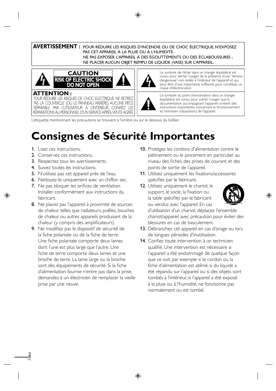 Consignes de sécurité importantes, Avertissement, Attention | Caution risk of electric shock do not open | Sylvania A0171_N1UH User Manual | Page 47 / 120