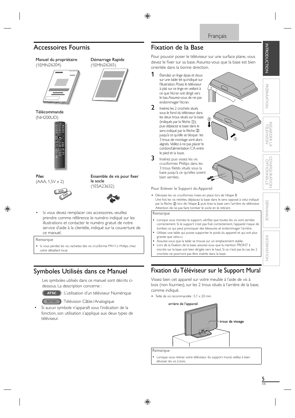 Accessoires fournis, Symboles utilisés dans ce manuel, Fixation de la base | Fixation du téléviseur sur le support mural, Français | Sylvania A0171_N1UH User Manual | Page 50 / 120
