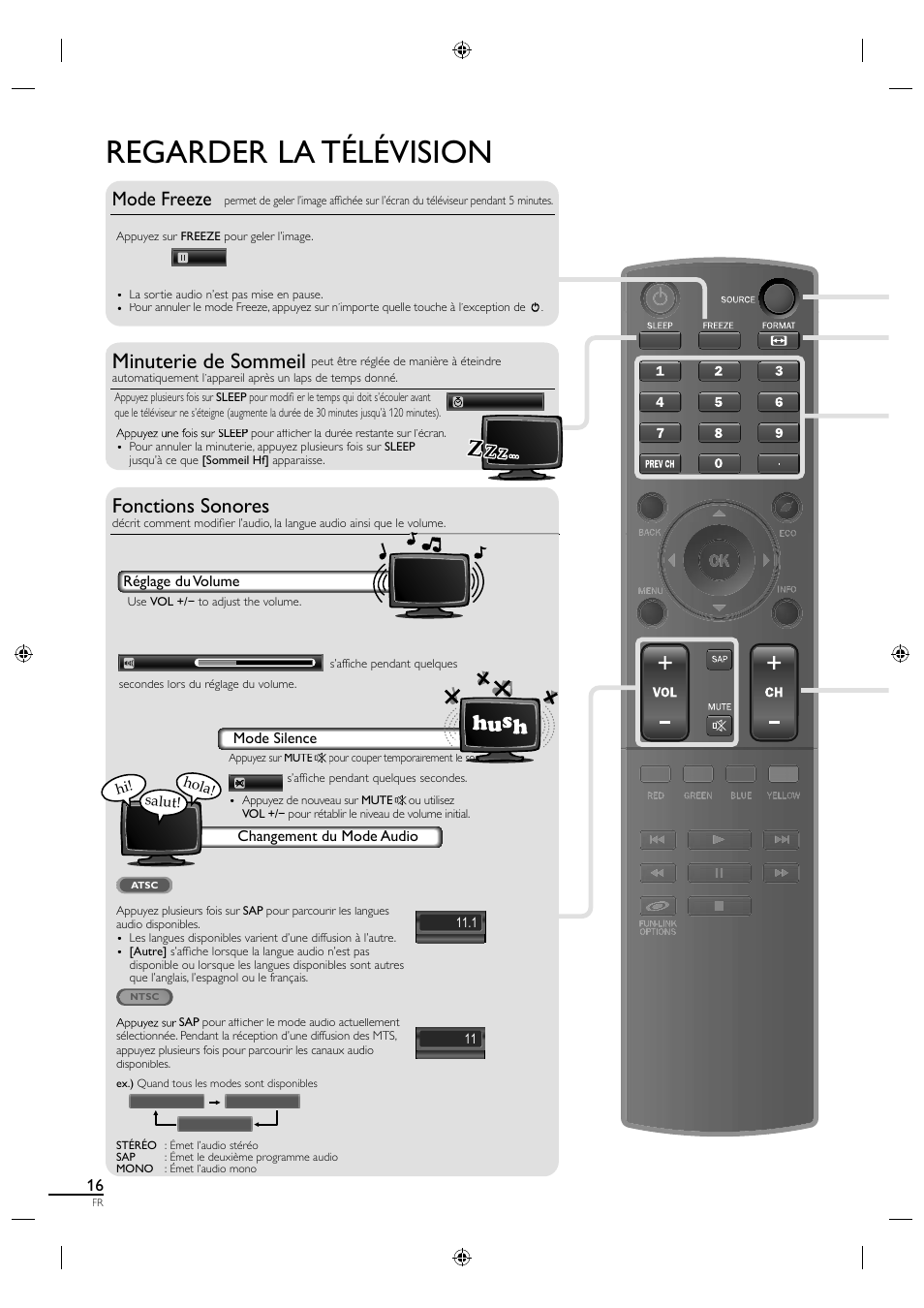 Regarder la télévision, Minuterie de sommeil, Fonctions sonores | Mode freeze | Sylvania A0171_N1UH User Manual | Page 61 / 120