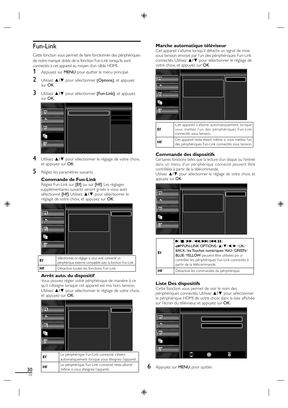 Fun-link, Commande de fun-link, Arrêt auto. du dispositif | Marche automatique téléviseur, Commande des dispositifs, Liste des dispositifs | Sylvania A0171_N1UH User Manual | Page 75 / 120