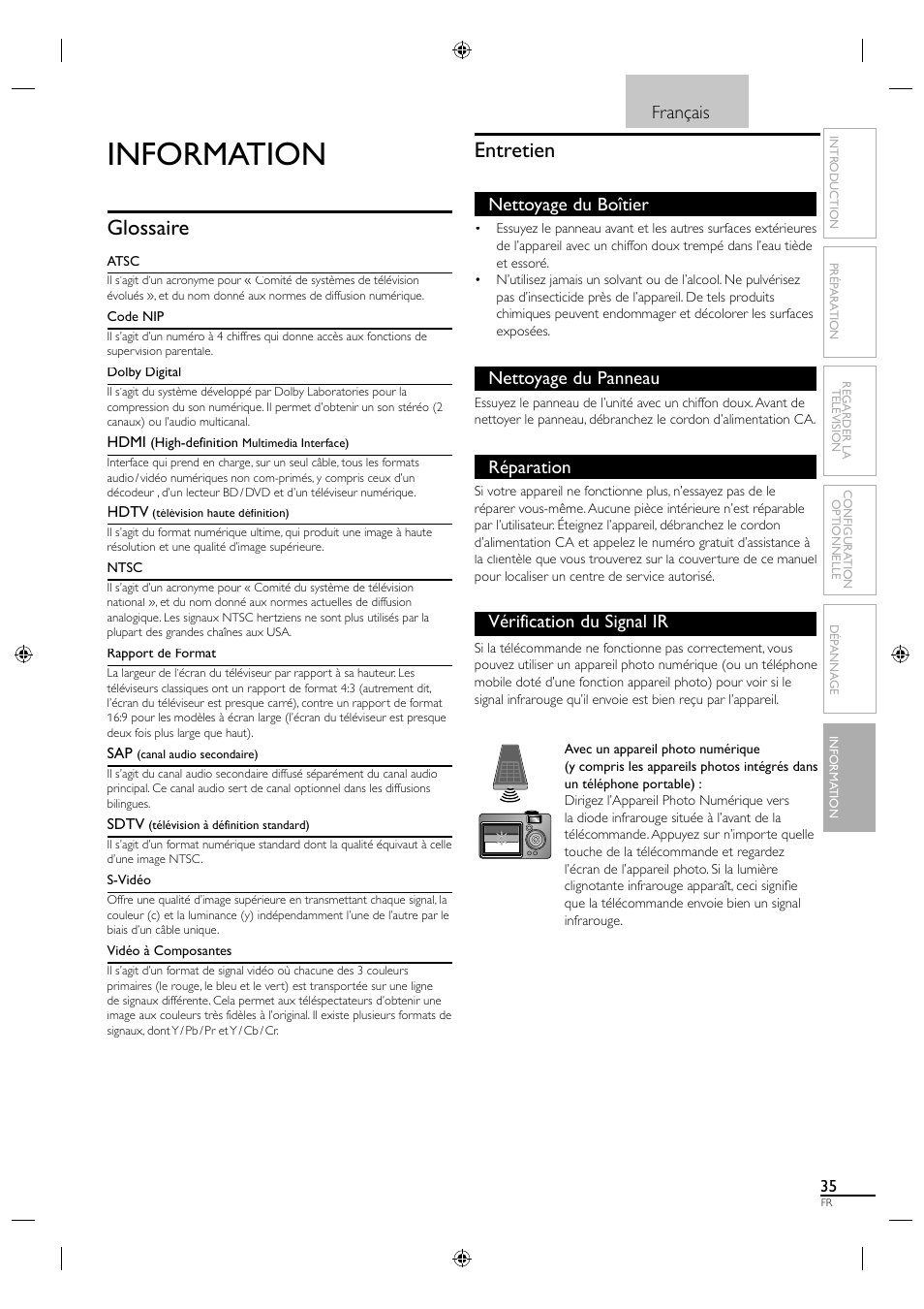 Information, Glossaire, Entretien | Français, Nettoyage du boîtier, Nettoyage du panneau, Réparation, Vérification du signal ir | Sylvania A0171_N1UH User Manual | Page 80 / 120