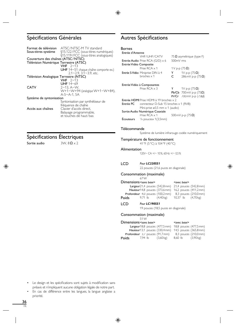 Spécifi cations générales, Spécifi cations électriques, Autres spécifi cations | Sylvania A0171_N1UH User Manual | Page 81 / 120