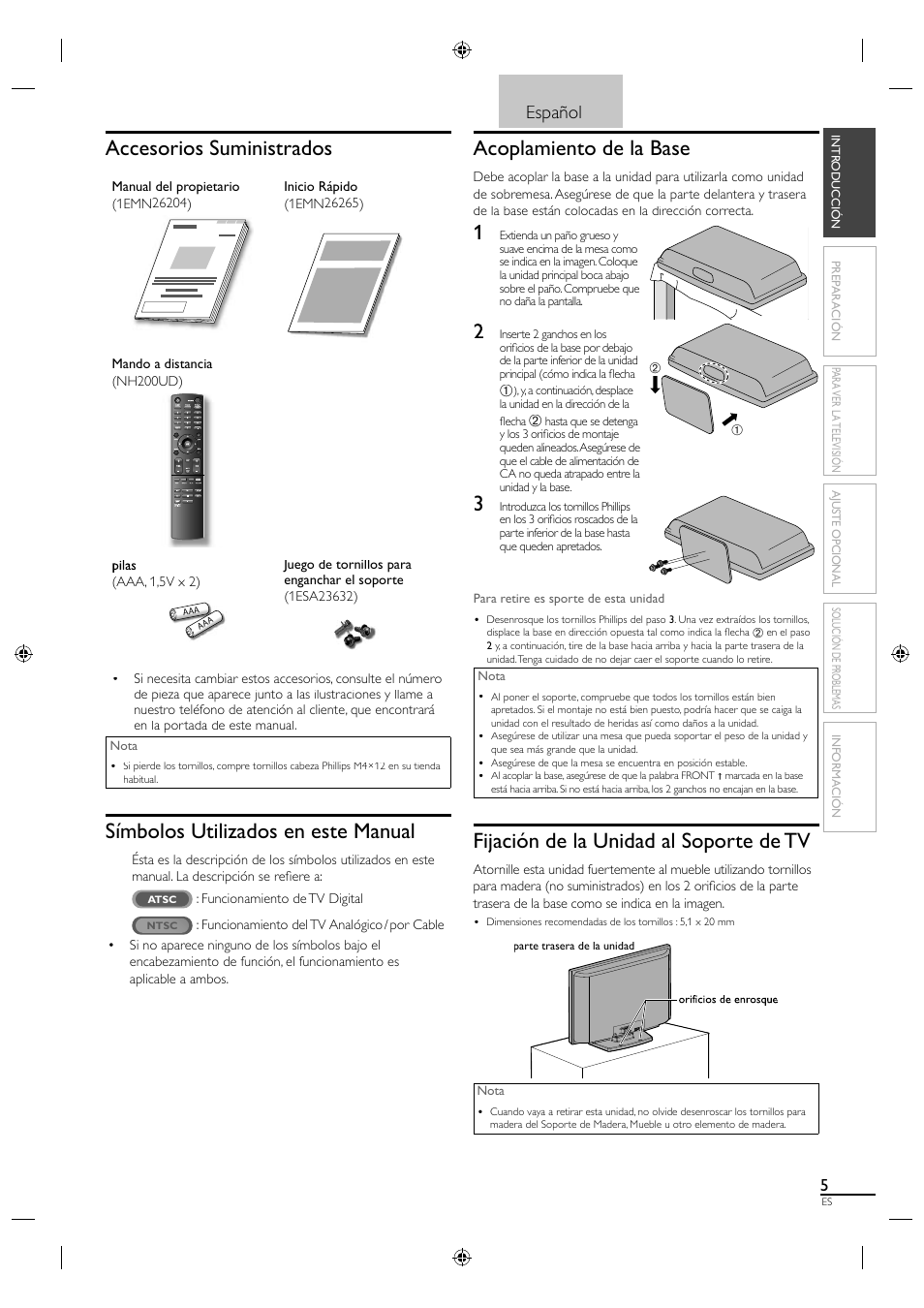 Accesorios suministrados, Símbolos utilizados en este manual, Acoplamiento de la base | Fijación de la unidad al soporte de tv, Español | Sylvania A0171_N1UH User Manual | Page 87 / 120
