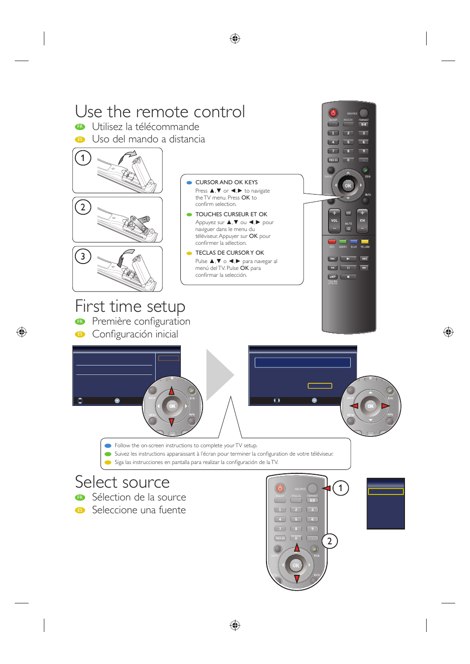 Use the remote control, First time setup, Select source | Utilisez la télécommande, Uso del mando a distancia, Première confi guration, Confi guración inicial, Sélection de la source, Seleccione una fuente | Sylvania A0171_N1UH User Manual | Page 9 / 120