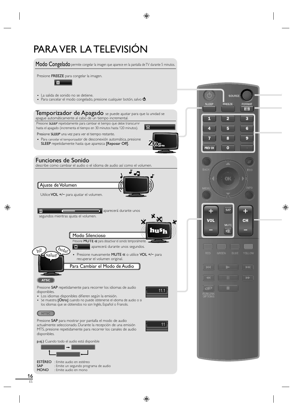Para ver la televisión, Modo congelado, Temporizador de apagado | Funciones de sonido | Sylvania A0171_N1UH User Manual | Page 98 / 120