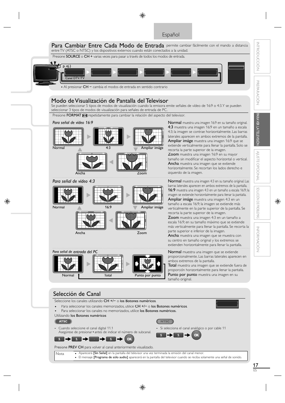 Selección de canal, Para cambiar entre cada modo de entrada, Español | Sylvania A0171_N1UH User Manual | Page 99 / 120