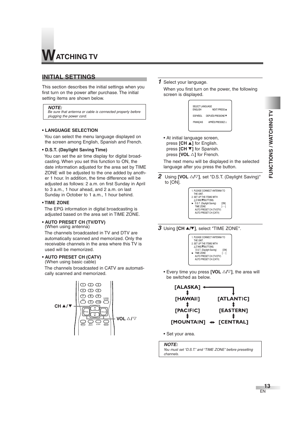 Atching tv, Initial settings, Functions / w a tching tv | Sylvania 6427GG User Manual | Page 13 / 76