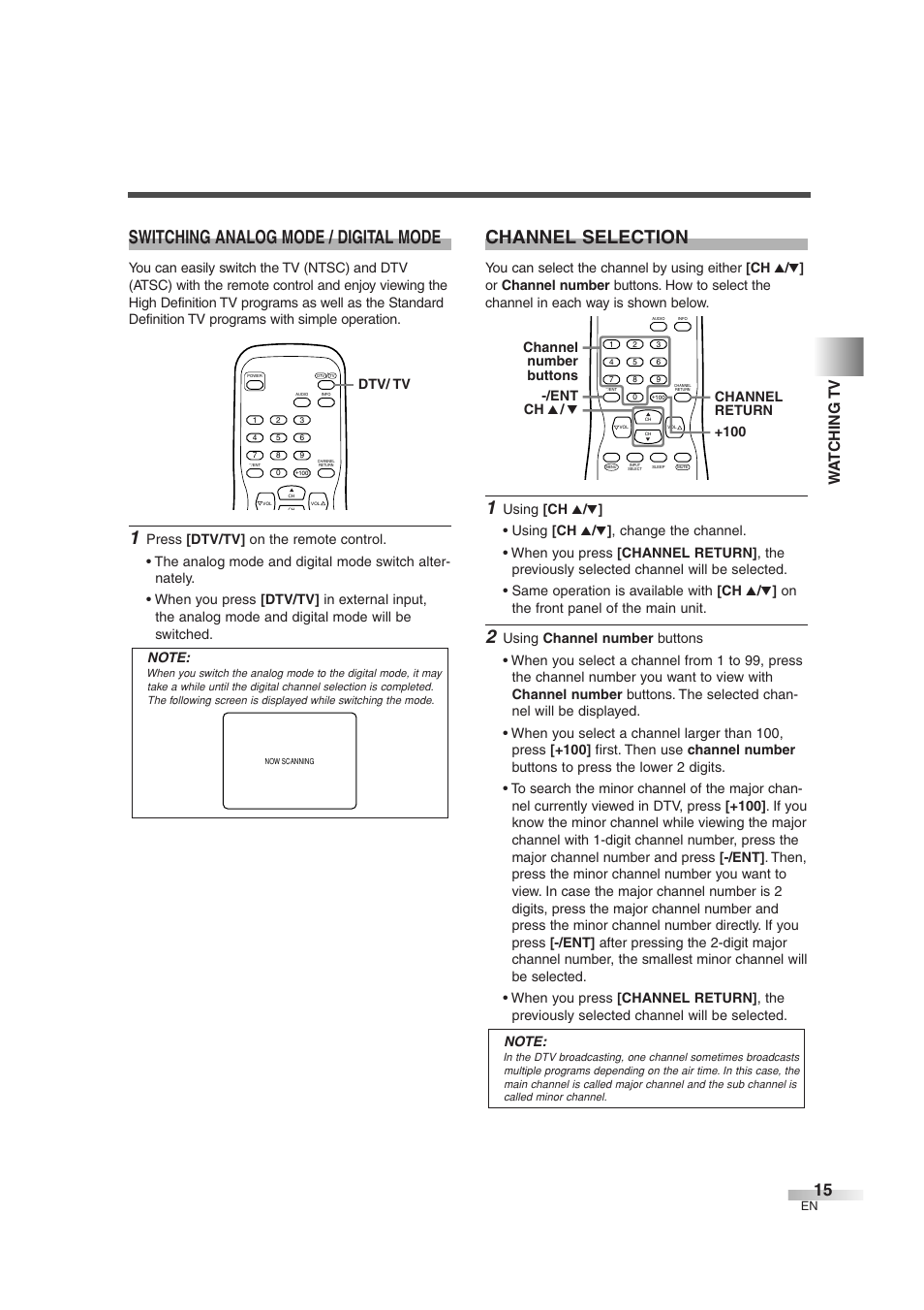 Switching analog mode / digital mode, Channel selection, Wa t ching tv | Dtv/ tv | Sylvania 6427GG User Manual | Page 15 / 76