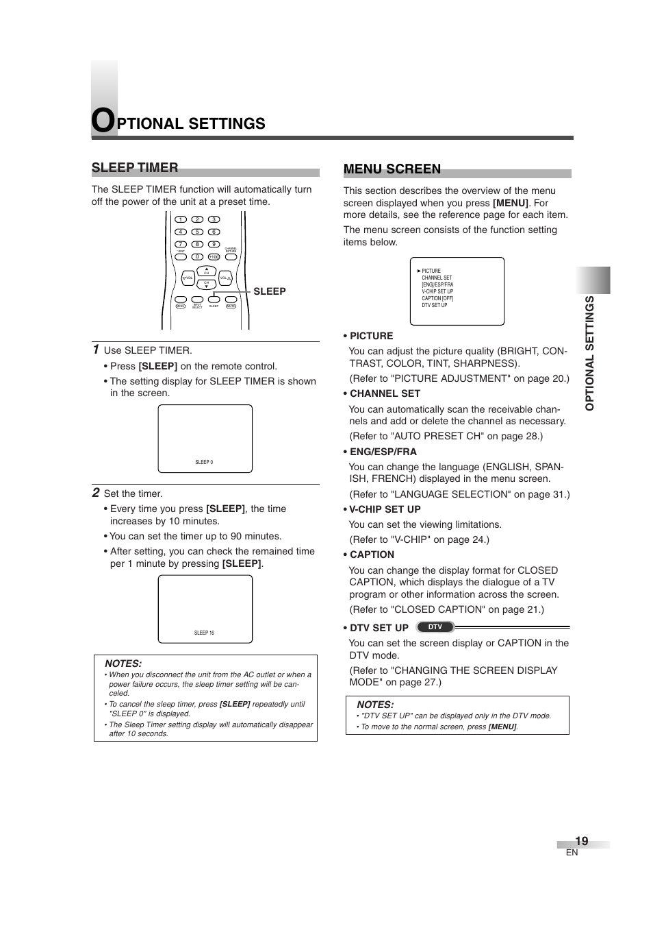 Ptional settings, Menu screen, Sleep timer | Optional settings | Sylvania 6427GG User Manual | Page 19 / 76