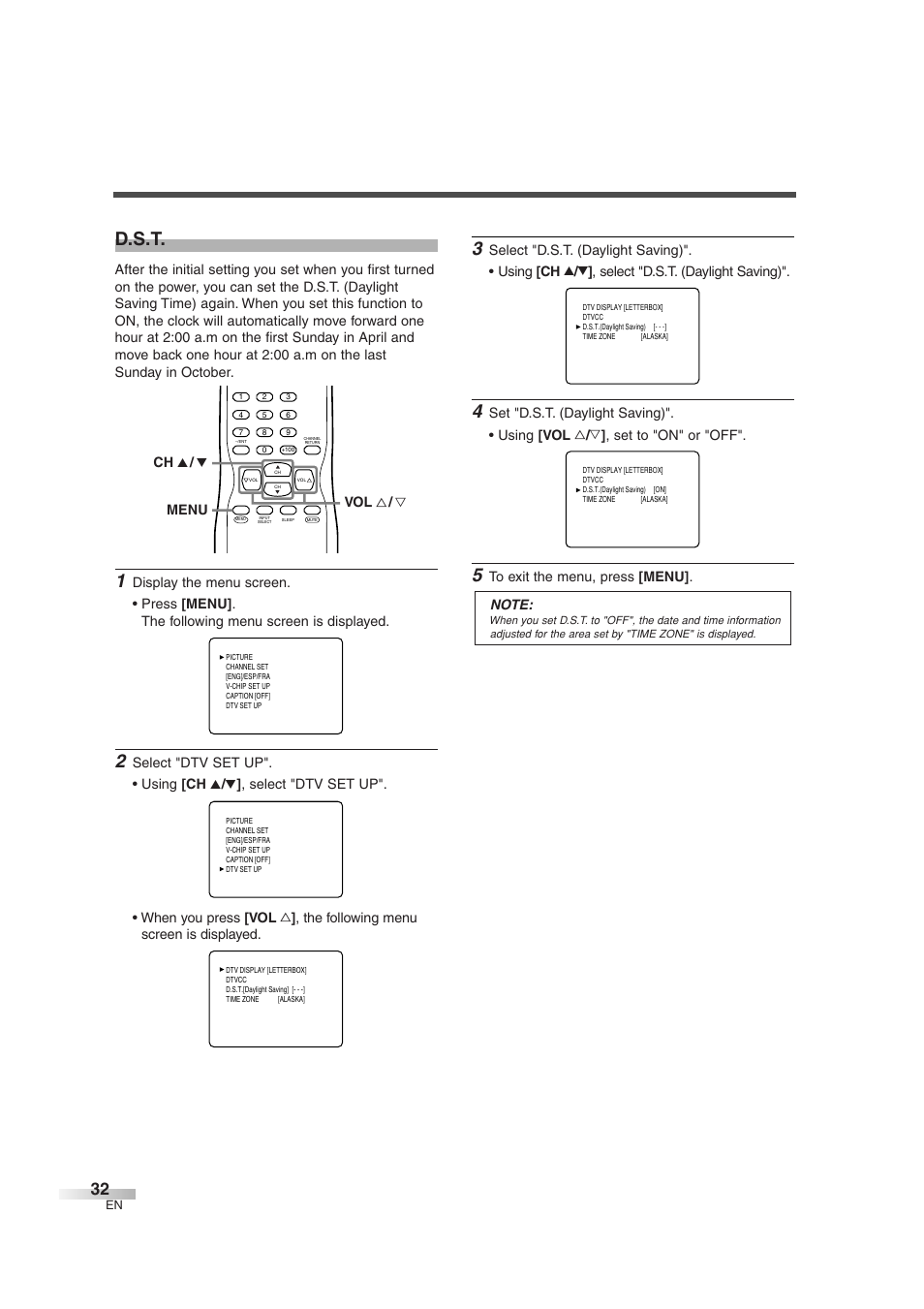 D.s.t, Menu ch k / l vol x / y | Sylvania 6427GG User Manual | Page 32 / 76