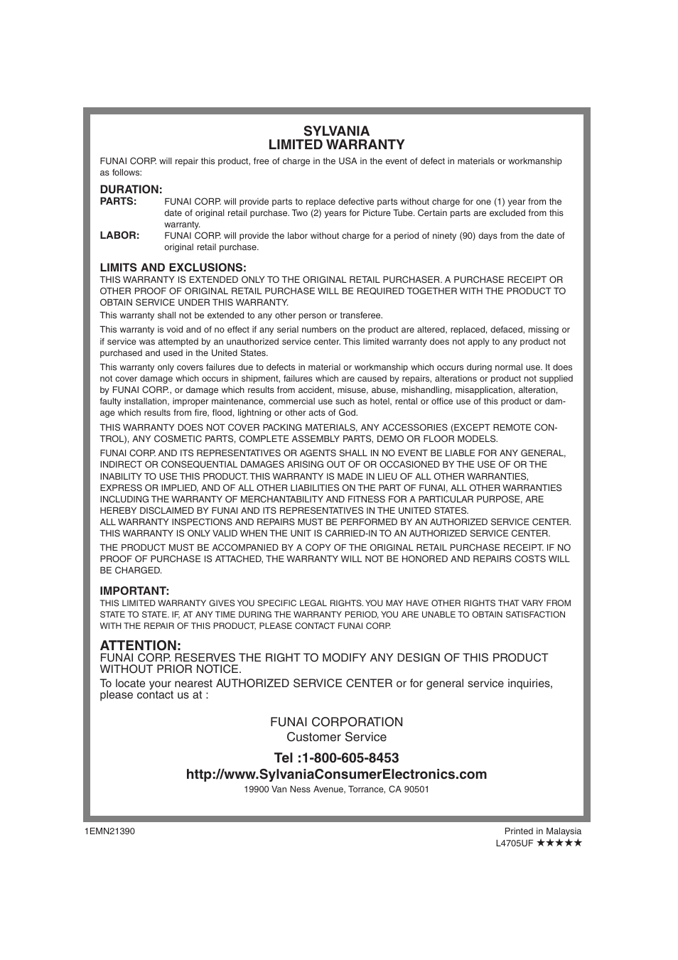 Sylvania limited warranty, Attention | Sylvania 6427GG User Manual | Page 38 / 76