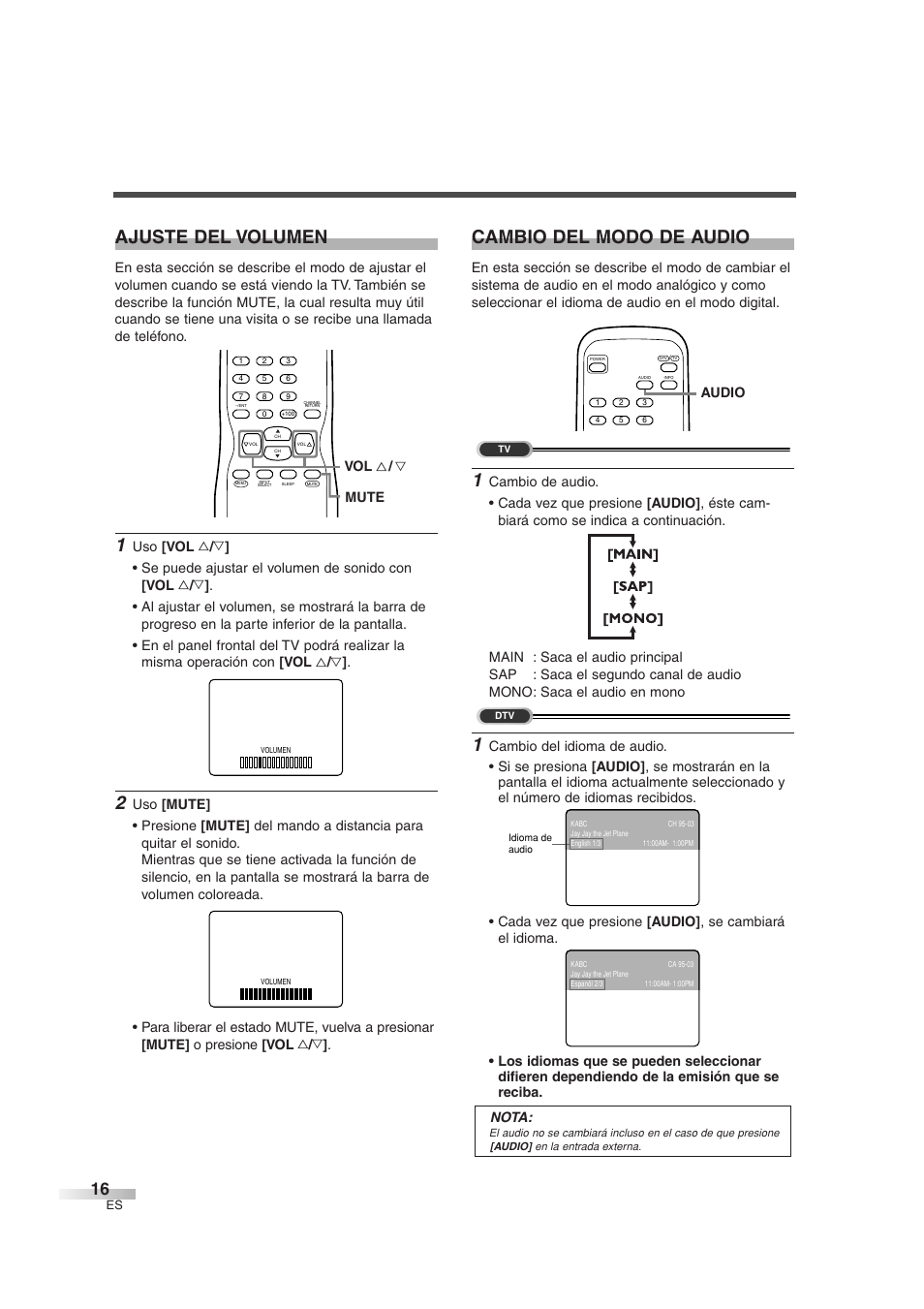 Ajuste del volumen, Cambio del modo de audio, Mute vol x / y | Audio | Sylvania 6427GG User Manual | Page 54 / 76
