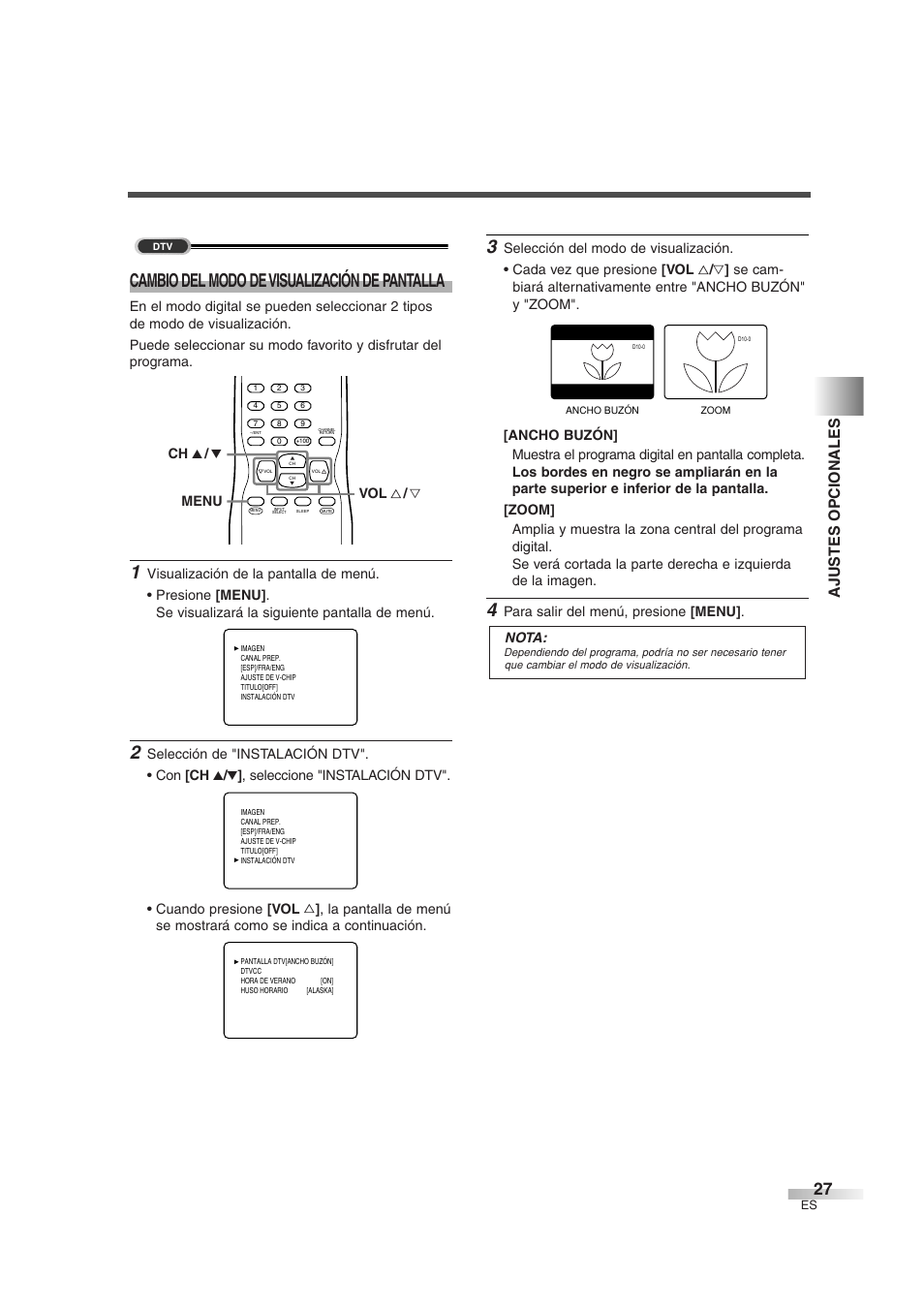 Cambio del modo de visualización de pantalla, Ajustes opcionales | Sylvania 6427GG User Manual | Page 65 / 76