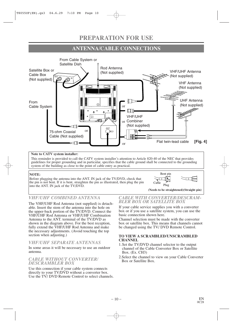 Preparation for use, Antenna/cable connections, Vhf/uhf combined antenna | Vhf/uhf separate antennas, Cable without converter/ descrambler box | Sylvania SRTD413 User Manual | Page 10 / 40