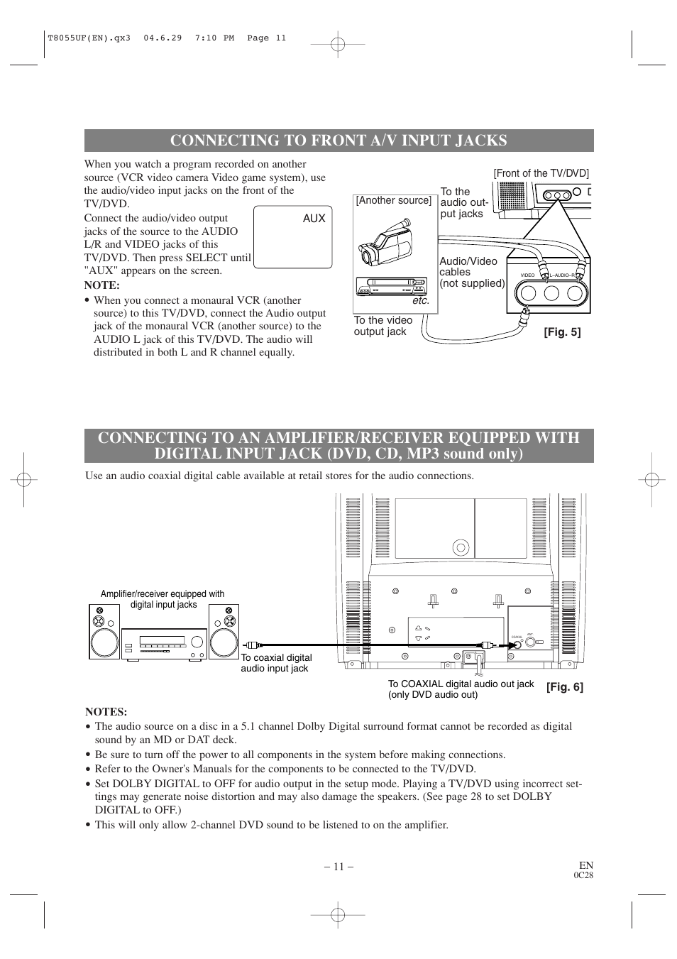 Connecting to front a/v input jacks | Sylvania SRTD413 User Manual | Page 11 / 40