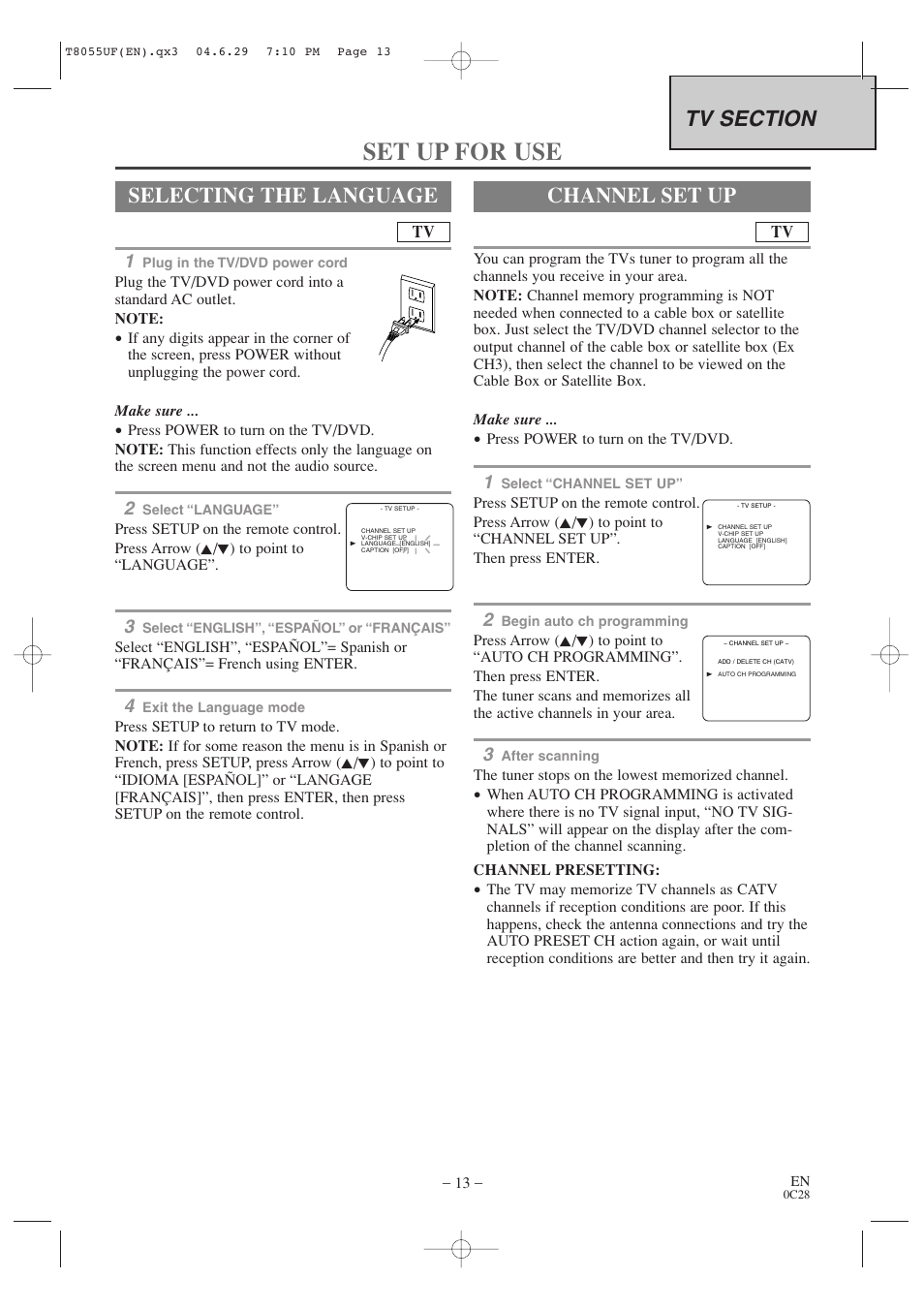 Set up for use, Selecting the language, Channel set up | Sylvania SRTD413 User Manual | Page 13 / 40