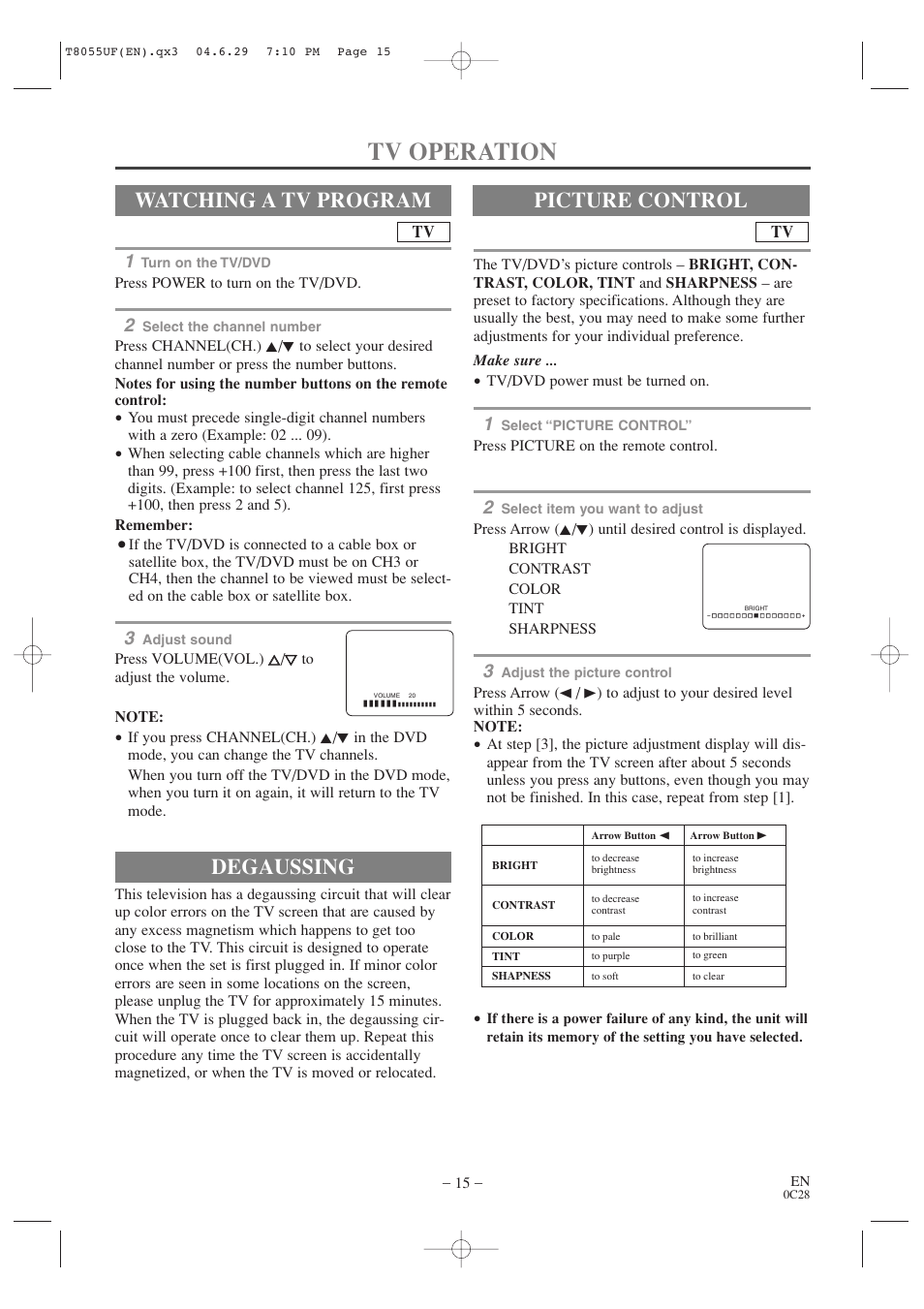 Tv operation, Degaussing, Watching a tv program | Picture control | Sylvania SRTD413 User Manual | Page 15 / 40