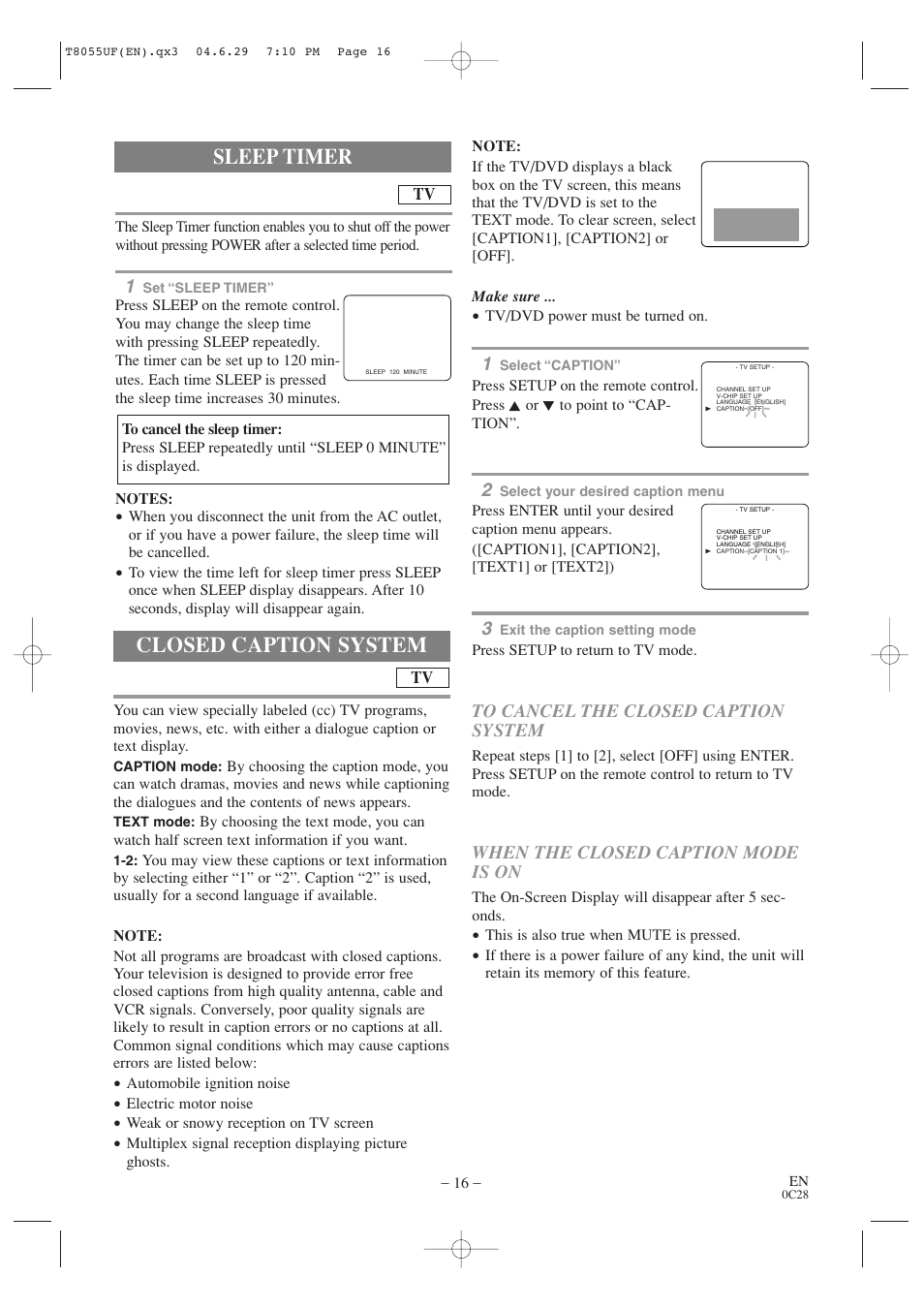 Closed caption system, Sleep timer | Sylvania SRTD413 User Manual | Page 16 / 40