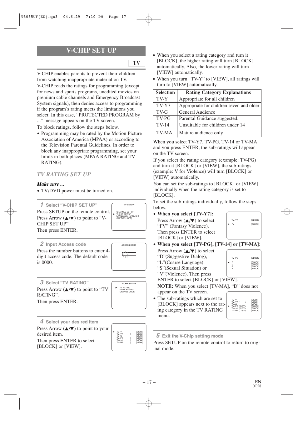 V-chip set up, Tv rating set up, Make sure | Tv/dvd power must be turned on | Sylvania SRTD413 User Manual | Page 17 / 40