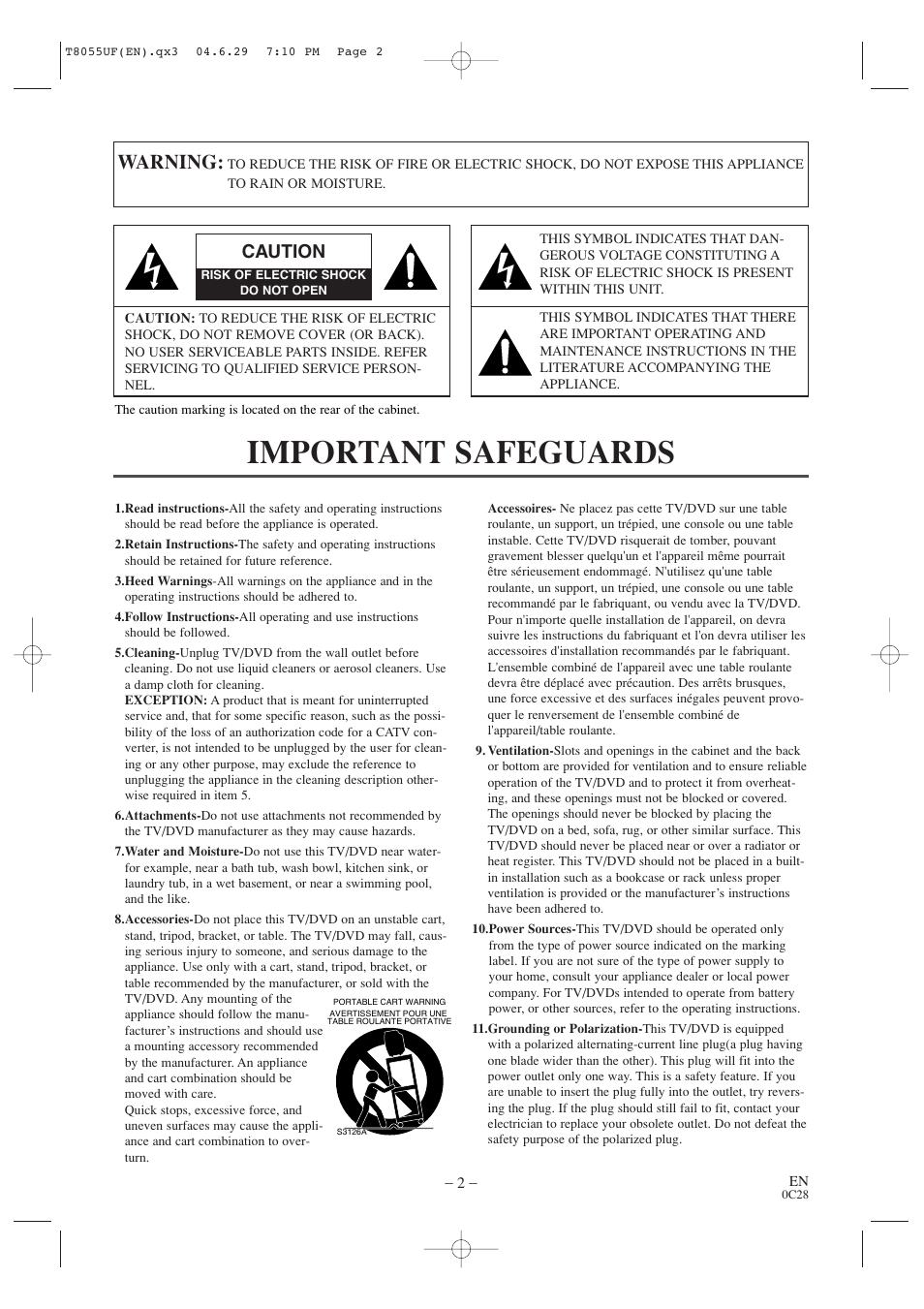 Important safeguards, Warning, Caution | Sylvania SRTD413 User Manual | Page 2 / 40