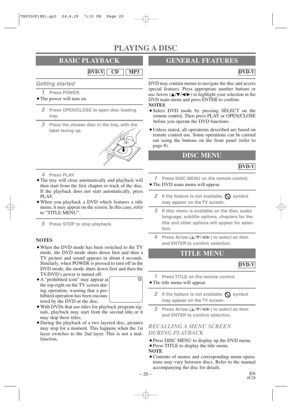 Playing a disc, Basic playback, General features | Title menu, Disc menu, Recalling a menu screen during playback | Sylvania SRTD413 User Manual | Page 20 / 40