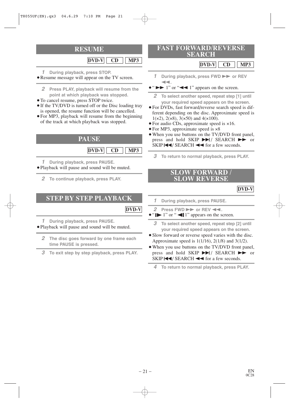 Step by step playback, Resume, Pause | Sylvania SRTD413 User Manual | Page 21 / 40