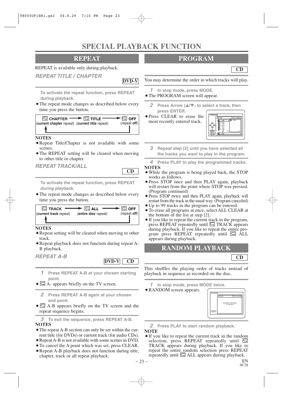 Special playback function, Repeat, Program | Random playback | Sylvania SRTD413 User Manual | Page 23 / 40