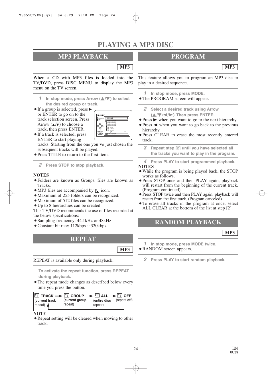 Playing a mp3 disc, Mp3 playback, Random playback | Program repeat | Sylvania SRTD413 User Manual | Page 24 / 40