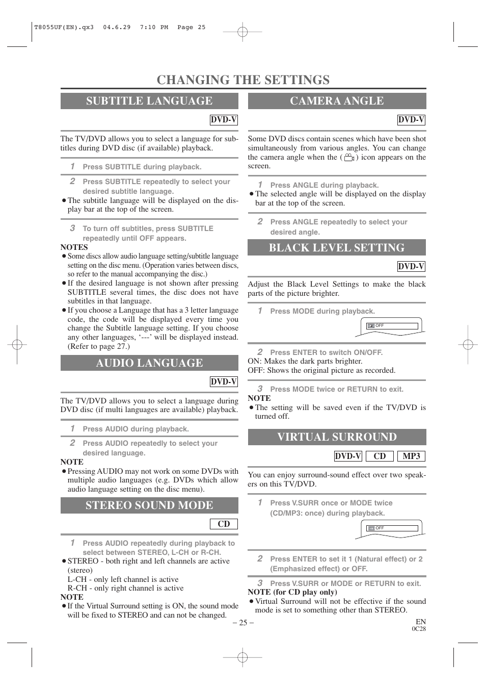 Changing the settings, Audio language, Stereo sound mode | Subtitle language camera angle, Black level setting, Virtual surround | Sylvania SRTD413 User Manual | Page 25 / 40