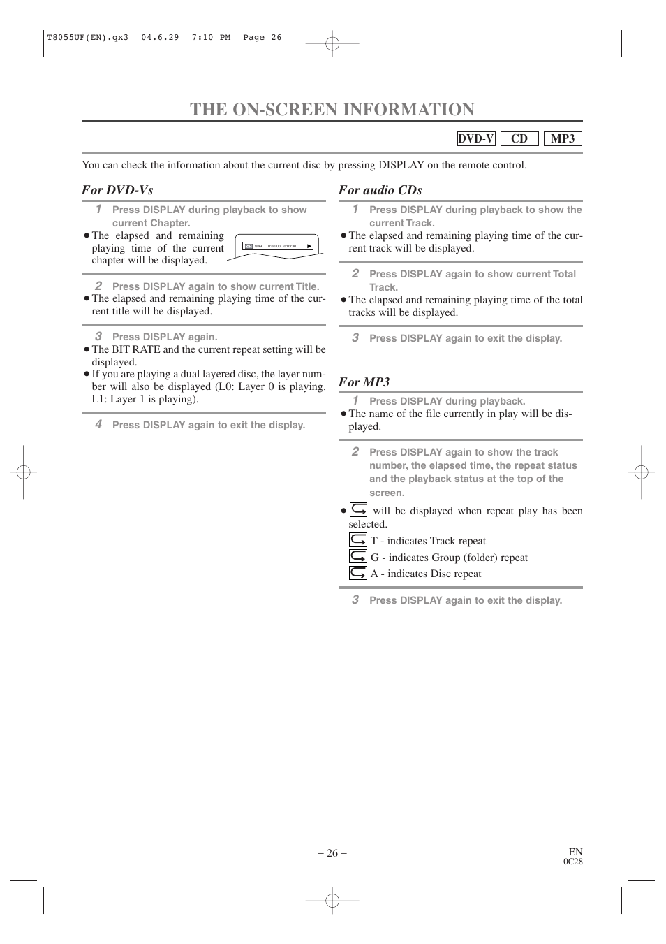 The on-screen information, For dvd-vs, For audio cds | For mp3 | Sylvania SRTD413 User Manual | Page 26 / 40