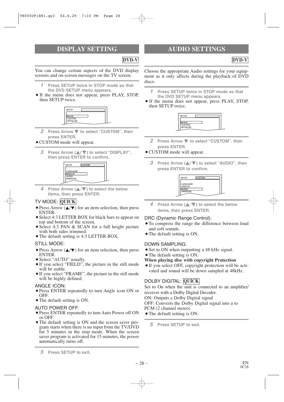 Audio settings, Display setting | Sylvania SRTD413 User Manual | Page 28 / 40