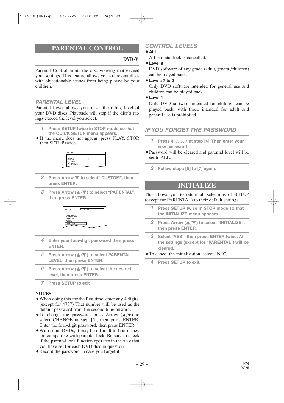 Parental control, Initialize, Control levels | If you forget the password | Sylvania SRTD413 User Manual | Page 29 / 40