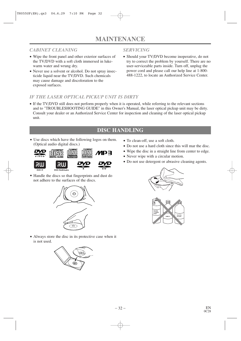 Maintenance, Disc handling | Sylvania SRTD413 User Manual | Page 32 / 40